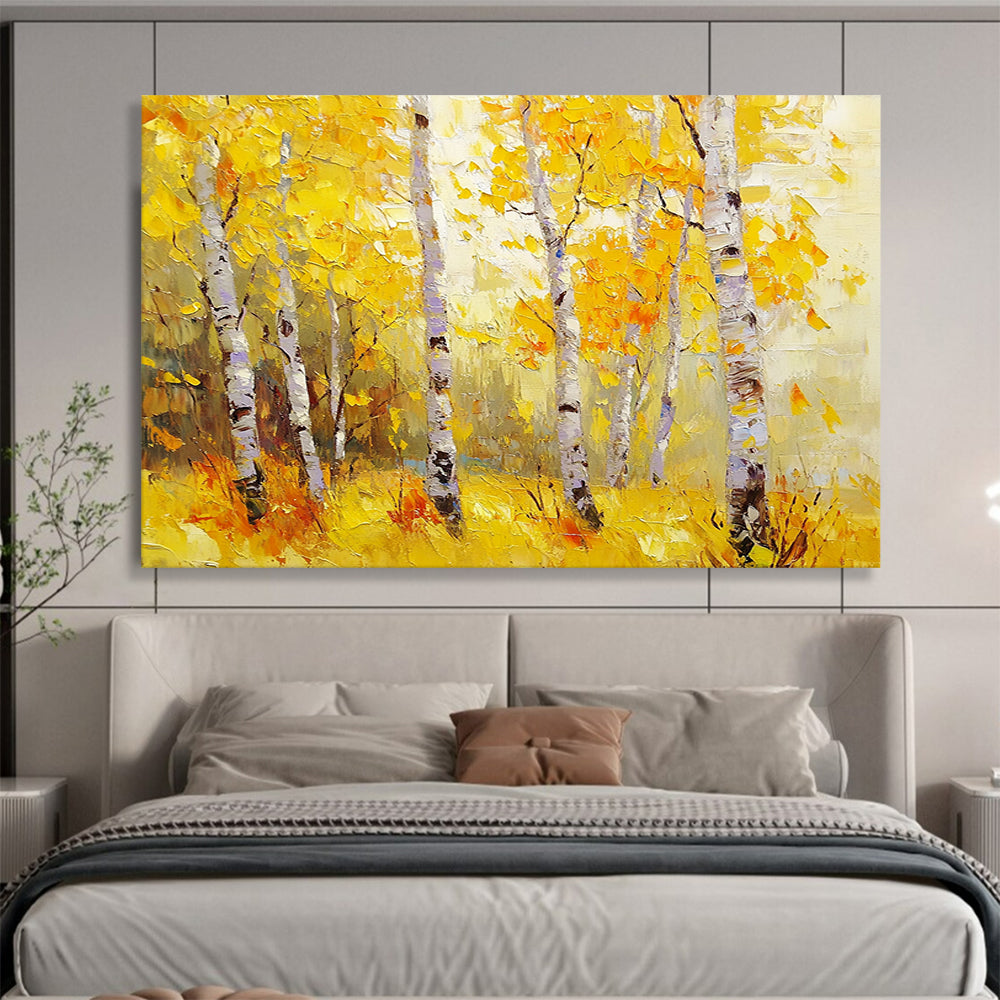 “Golden Autumn Birches” - Yellows, Oranges, Browns, White, Birch Trees - Impressionist Oil Painting HB1582