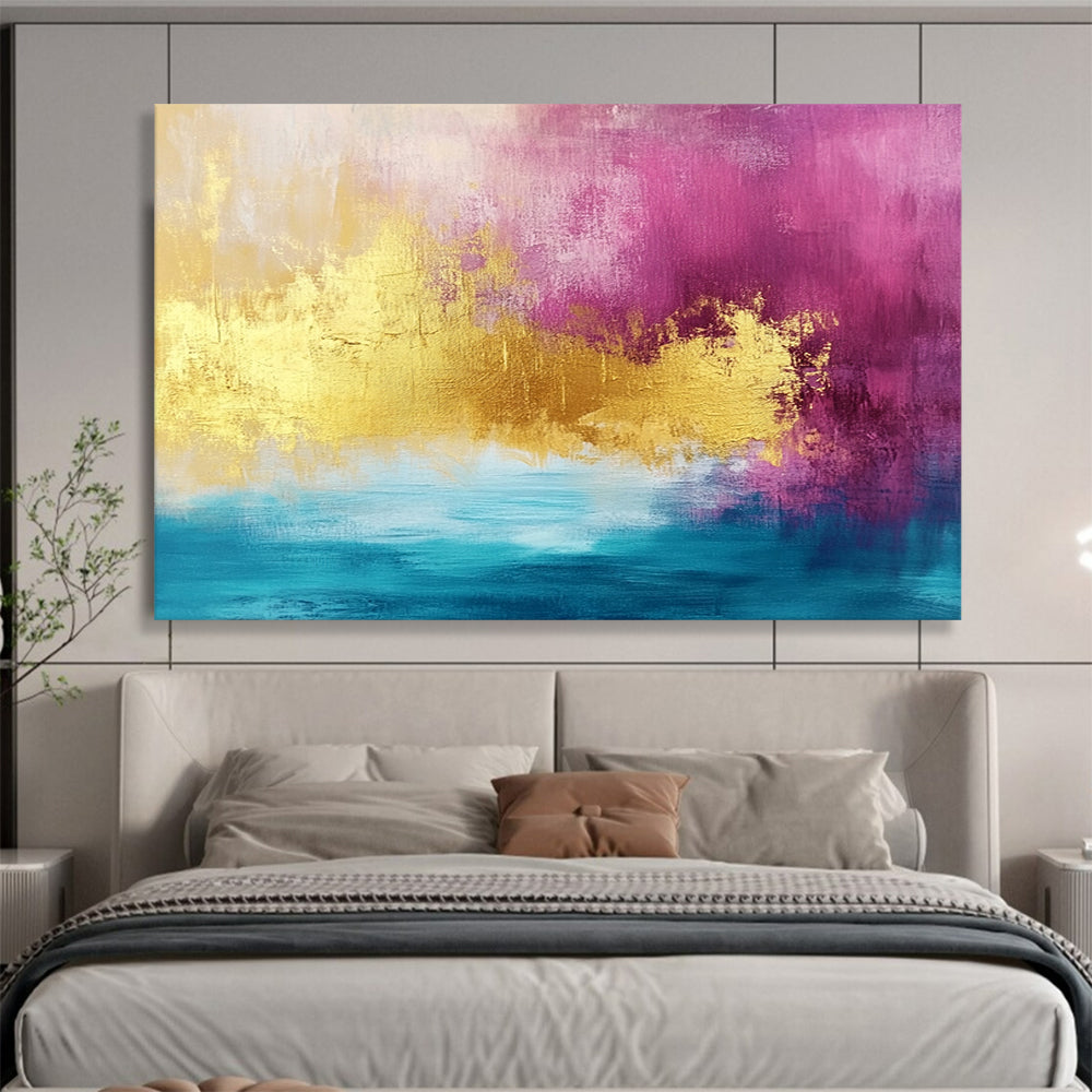 “Pink, Gold, and Blue Abstract” - Pink, Gold, Blue, Bold Color Blocks Painting On Canvas HB0883