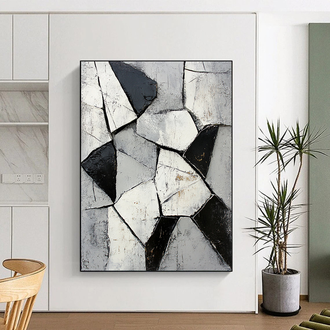 Gray, Black, White, Fragmented Shapes "Broken Mosaic" Abstract Cubist - Inspired Painting On Canvas HB060