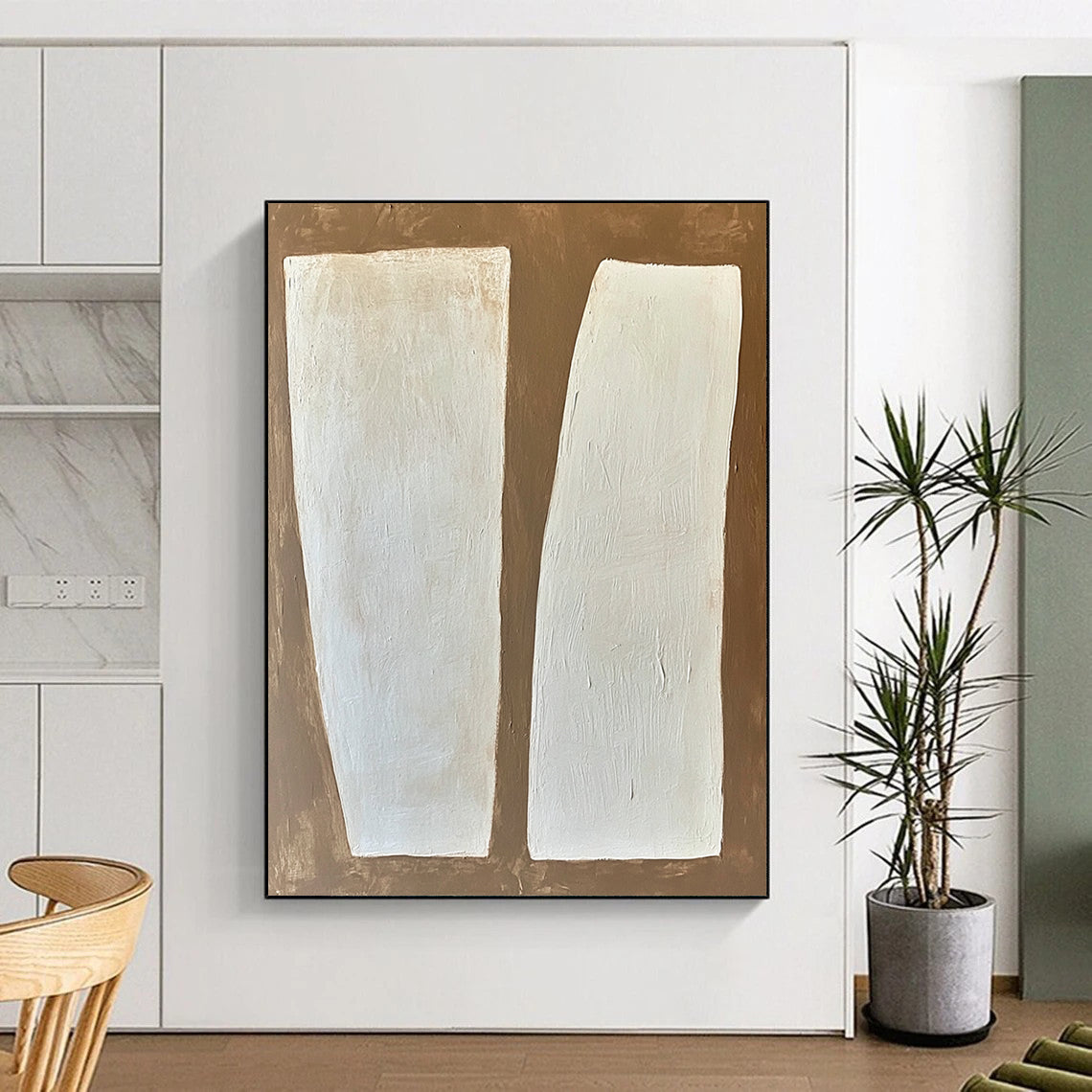 Large contemporary hand-painted abstract art featuring white rectangular forms on a textured brown and white background with soft edges and a minimalist style. DLZ1750