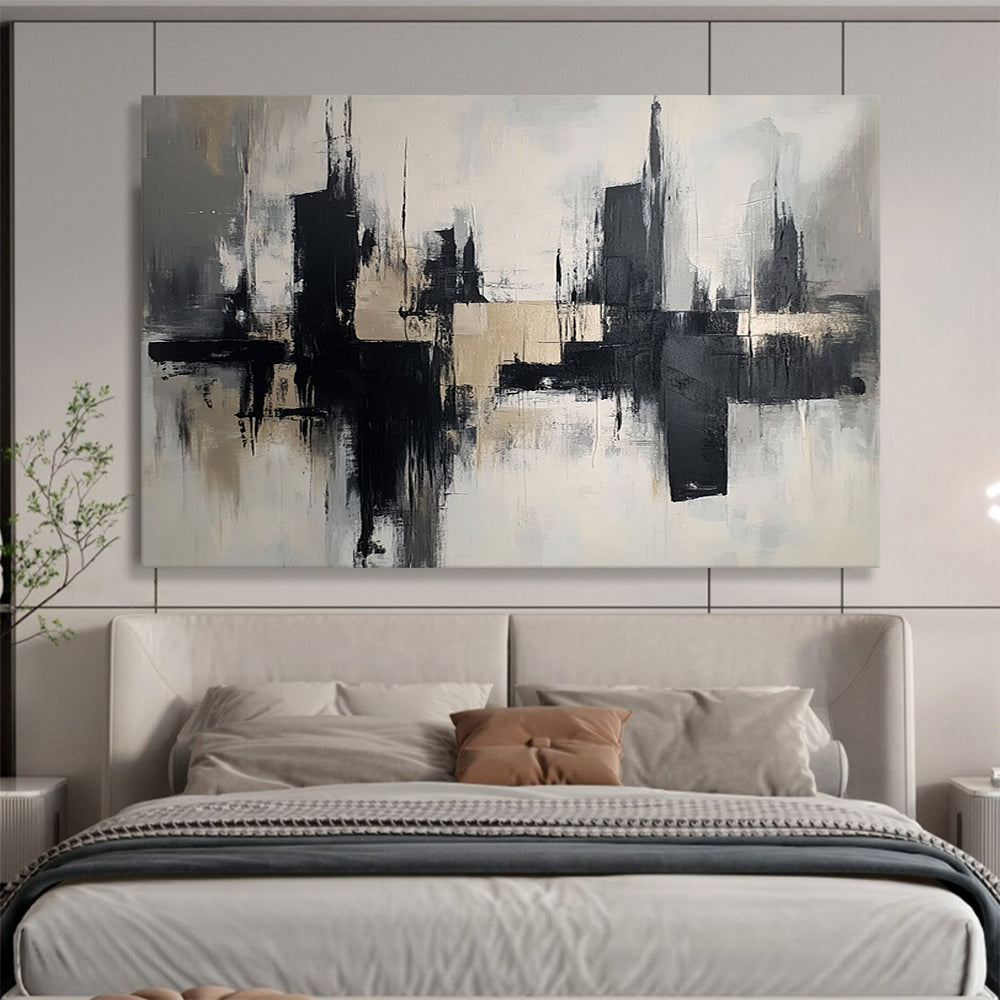 “Monochrome Cityscape Reflection” - Black, Gray, Beige, Abstract Urban Reflections - Abstract Acrylic Painting HB1672