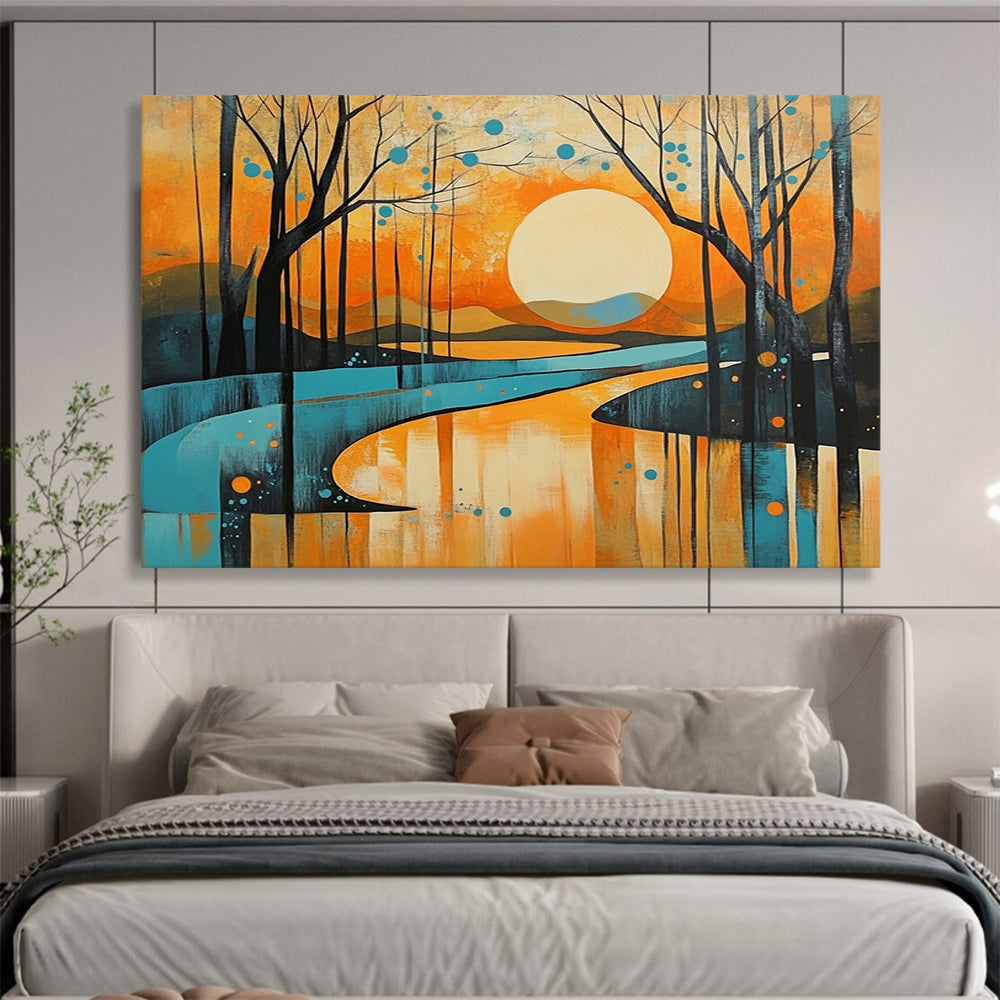 “Sunset Forest Landscape” - Orange, blue, yellow, Modern Landscape Painting HB0627