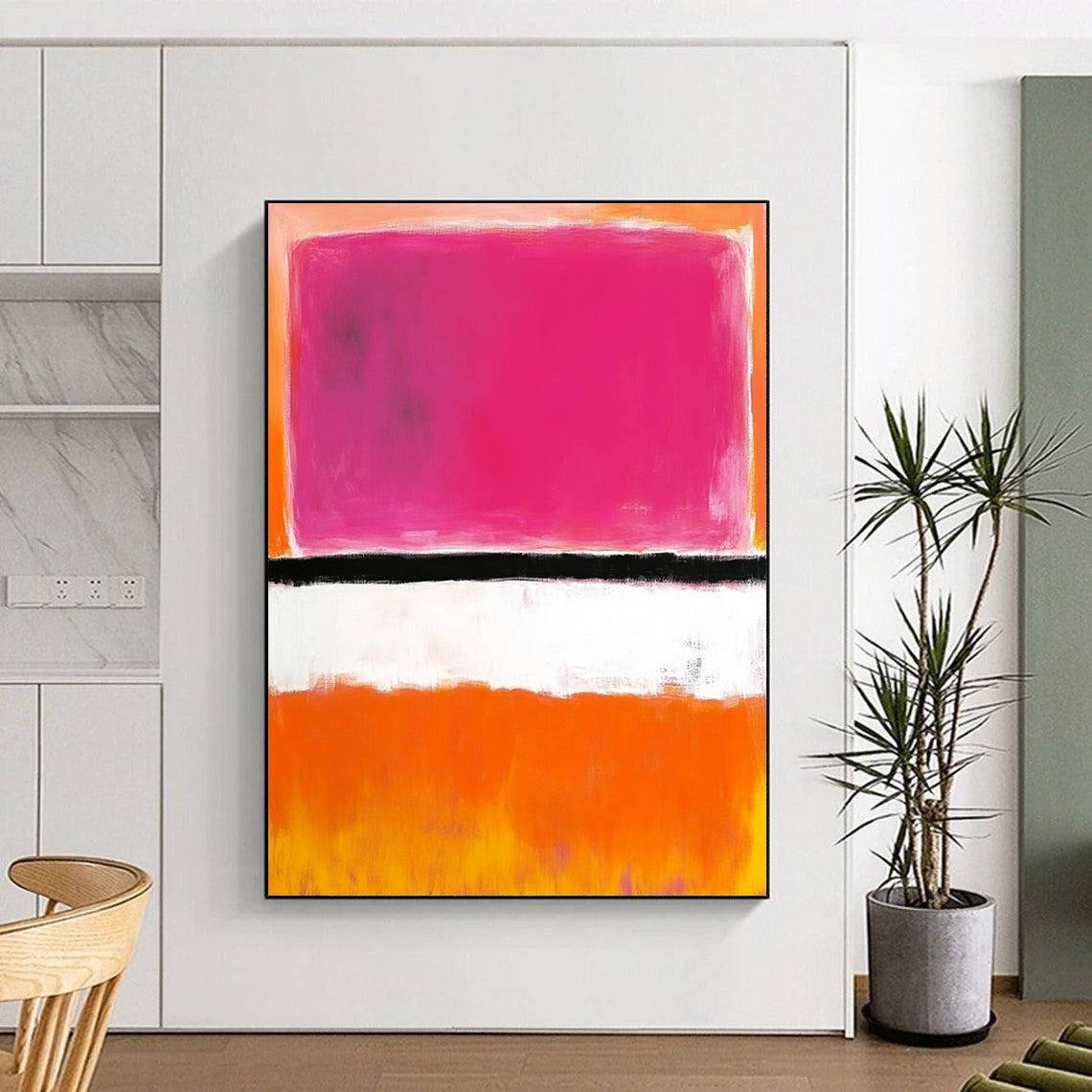 Contemporary hand-painted abstract art showcasing shades of pink, orange, and white with a striking black line in the center. DLZ1306