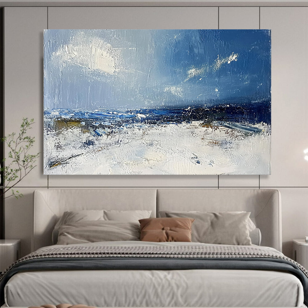 “Blue and White Coastal Abstract” - Blue, White, Seaside Motifs Painting On Canvas HB0871