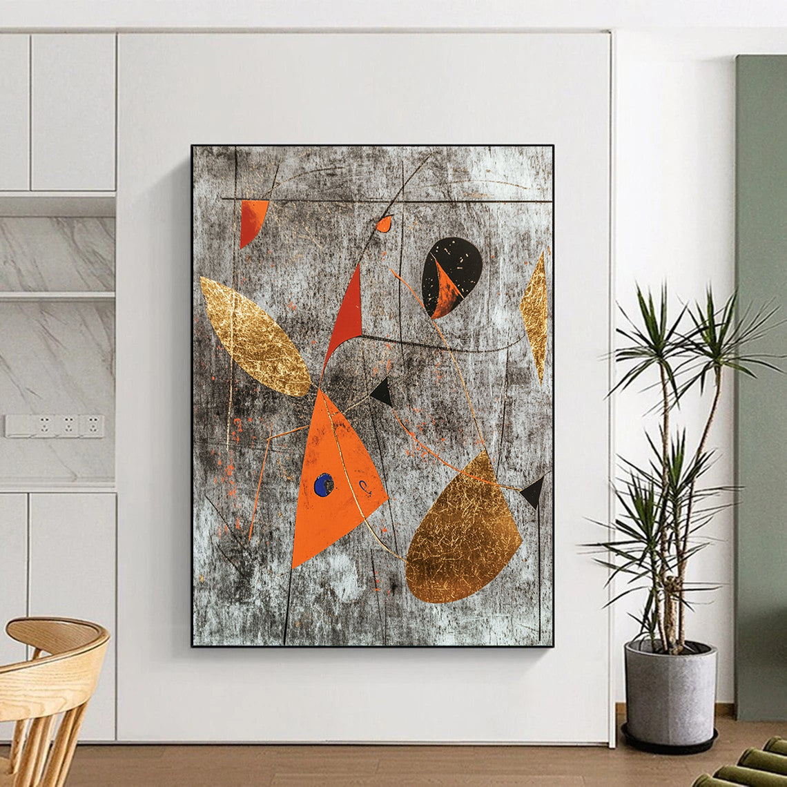 Gray, Black, Gold, Red and Orange Abstract Shapes "Dynamic Balance" Painting On Canvas HB336