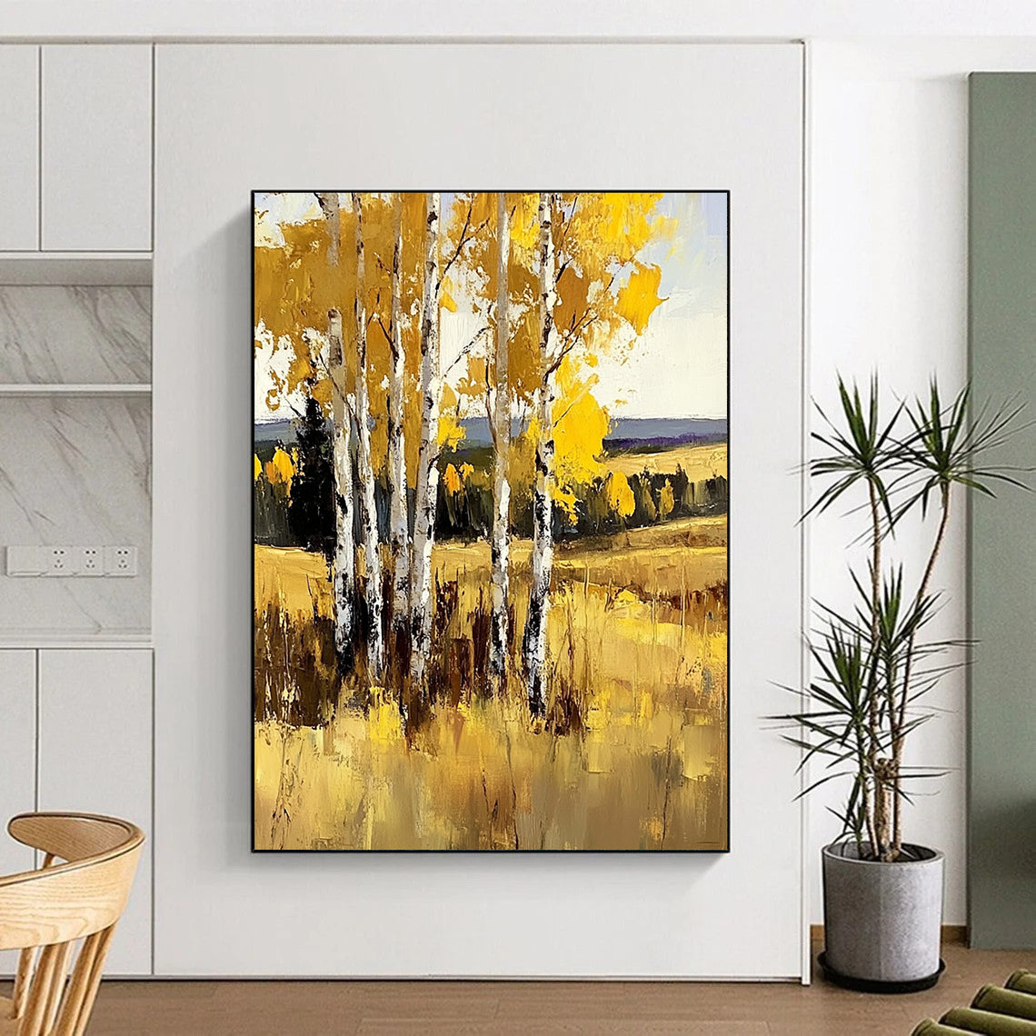 Large contemporary hand-painted abstract artwork featuring birch trees in vibrant yellow against sunny grasslands with bold brush strokes. DLZ1102