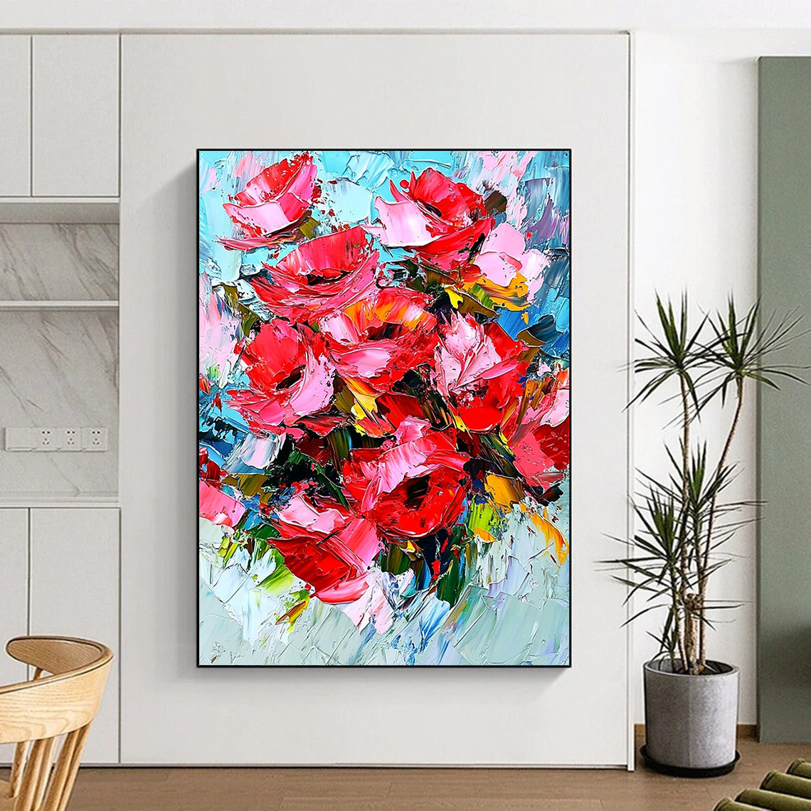 Bold contemporary abstract art featuring vibrant red roses with dynamic impasto texture and energetic brushstrokes for a striking visual impact. DLZ1158