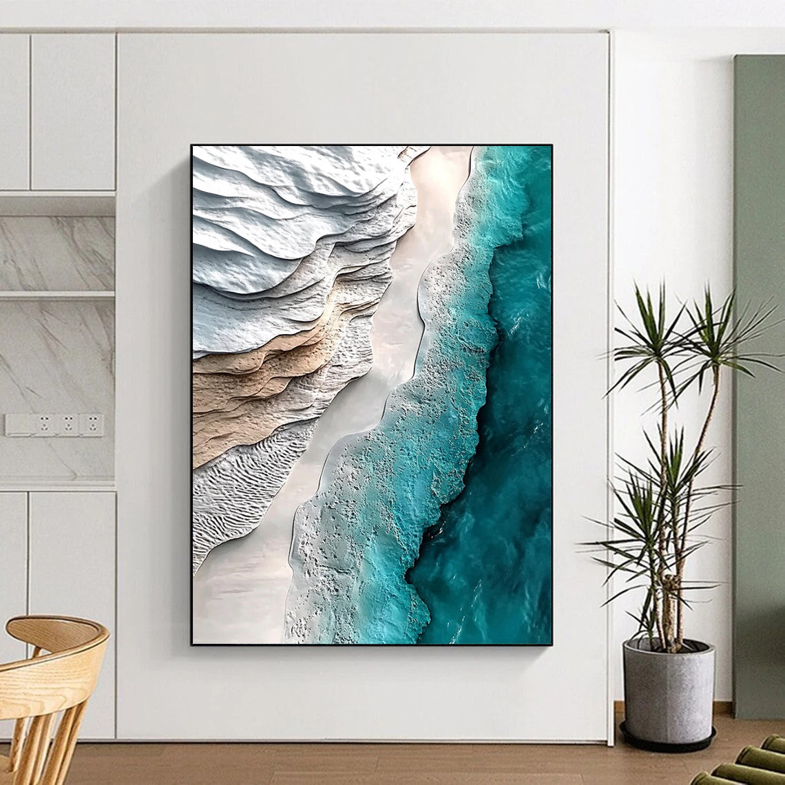 Contemporary hand-painted abstract art capturing serene white sand and turquoise water in a hyper-realistic aerial view. Ideal for modern decor. DLZ0280