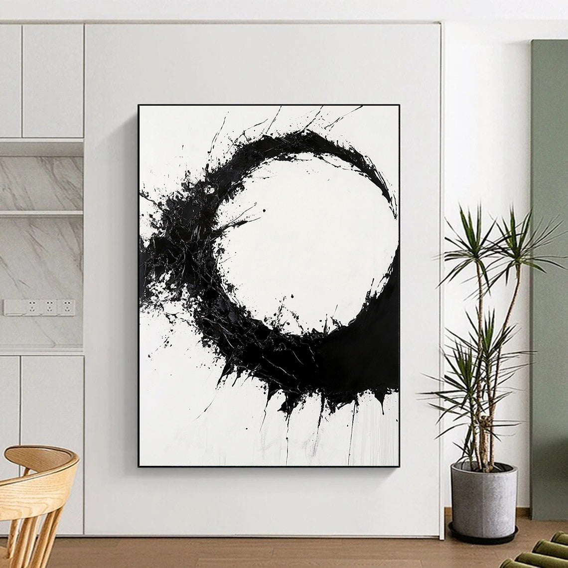 Black Splattered Circular Ink - “Dynamic Enso Energy” Painting On Canvas HB231
