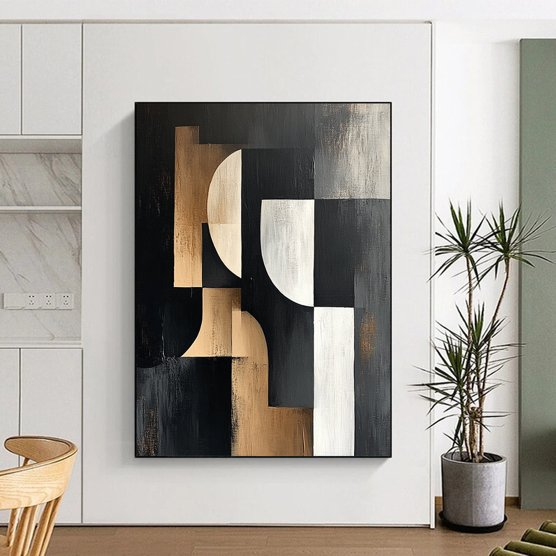 Large contemporary abstract painting featuring bold black white and beige shapes on a dark gray background with a textured canvas finish. DLZ1373