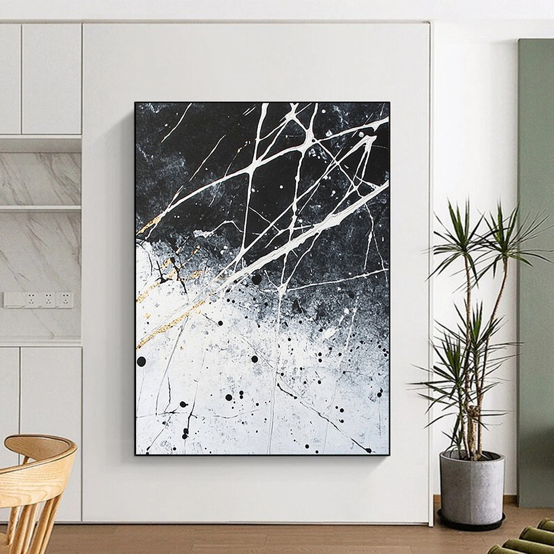 Black, White, Gray, Gold, Splattered Web "Golden Entanglement" Abstract Expressionist Painting On Canvas HB063