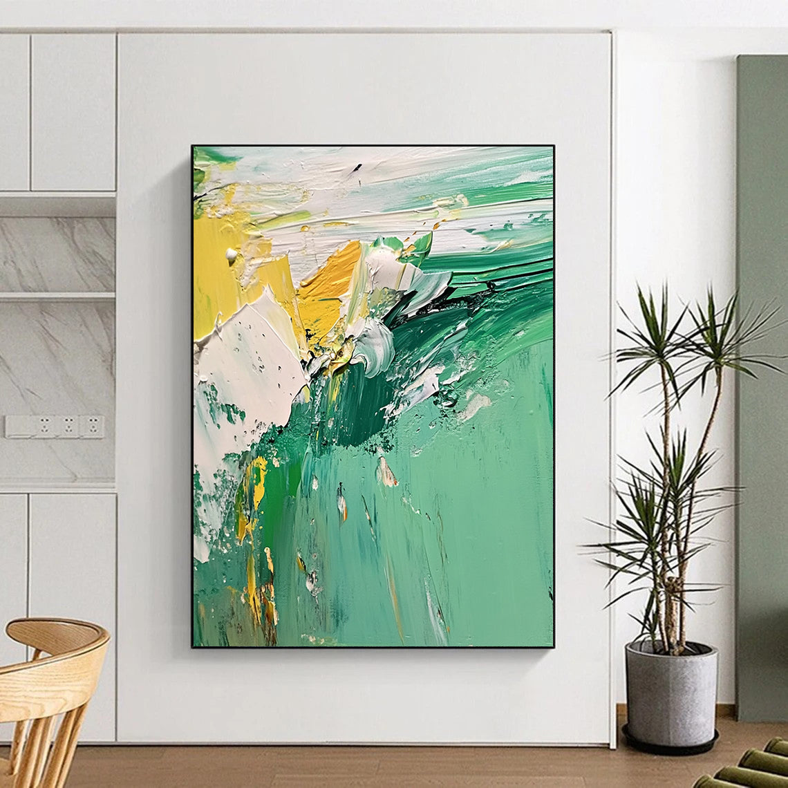 Contemporary abstract artwork featuring a vibrant green and white landscape with textured seafoam created using thick oil and acrylic paint techniques. DLZ0598