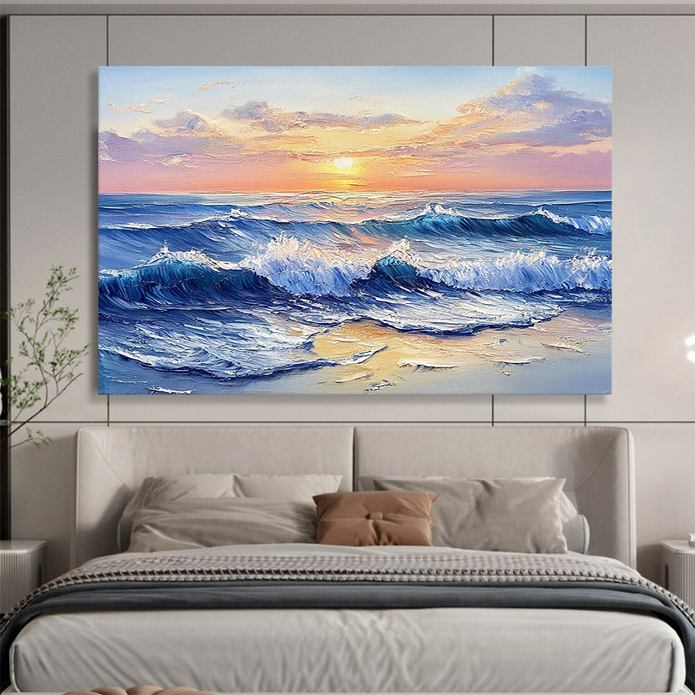 “Sunset Sea Waves” - Blues, Oranges, Yellows, Ocean Waves at Sunset - Impasto Oil Painting HB1706
