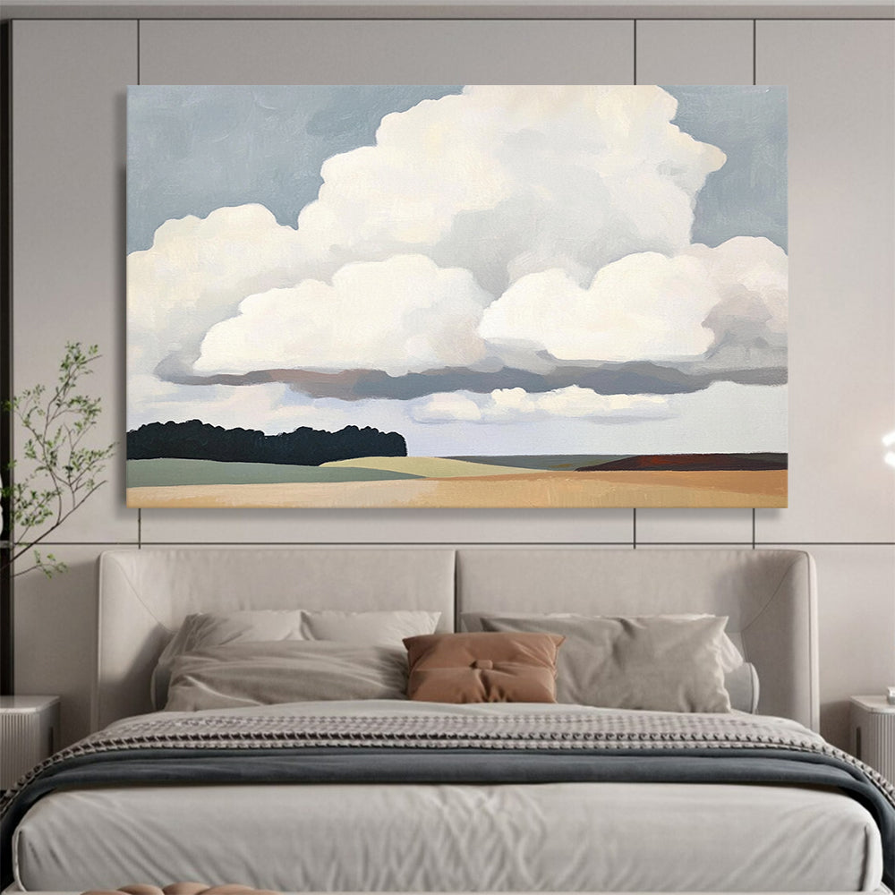 “Cloudscape Calm” - Soft grays, whites, muted greens, browns; Big fluffy clouds, open fields, trees; Minimalist Landscape Painting On Canvas HB1150