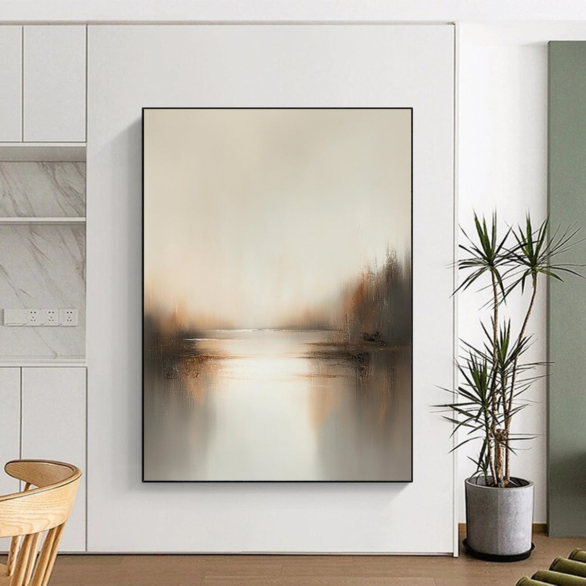 Contemporary abstract painting showcasing soft neutrals and earthy tones, enveloped in hazy light for a serene, dreamlike feel. DLZ0398