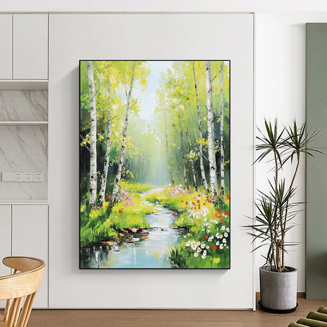 Vibrant contemporary hand-painted abstract artwork featuring birch trees and spring flowers illuminated by sunlight with a serene stream enhancing the natural beauty. DLZ1123