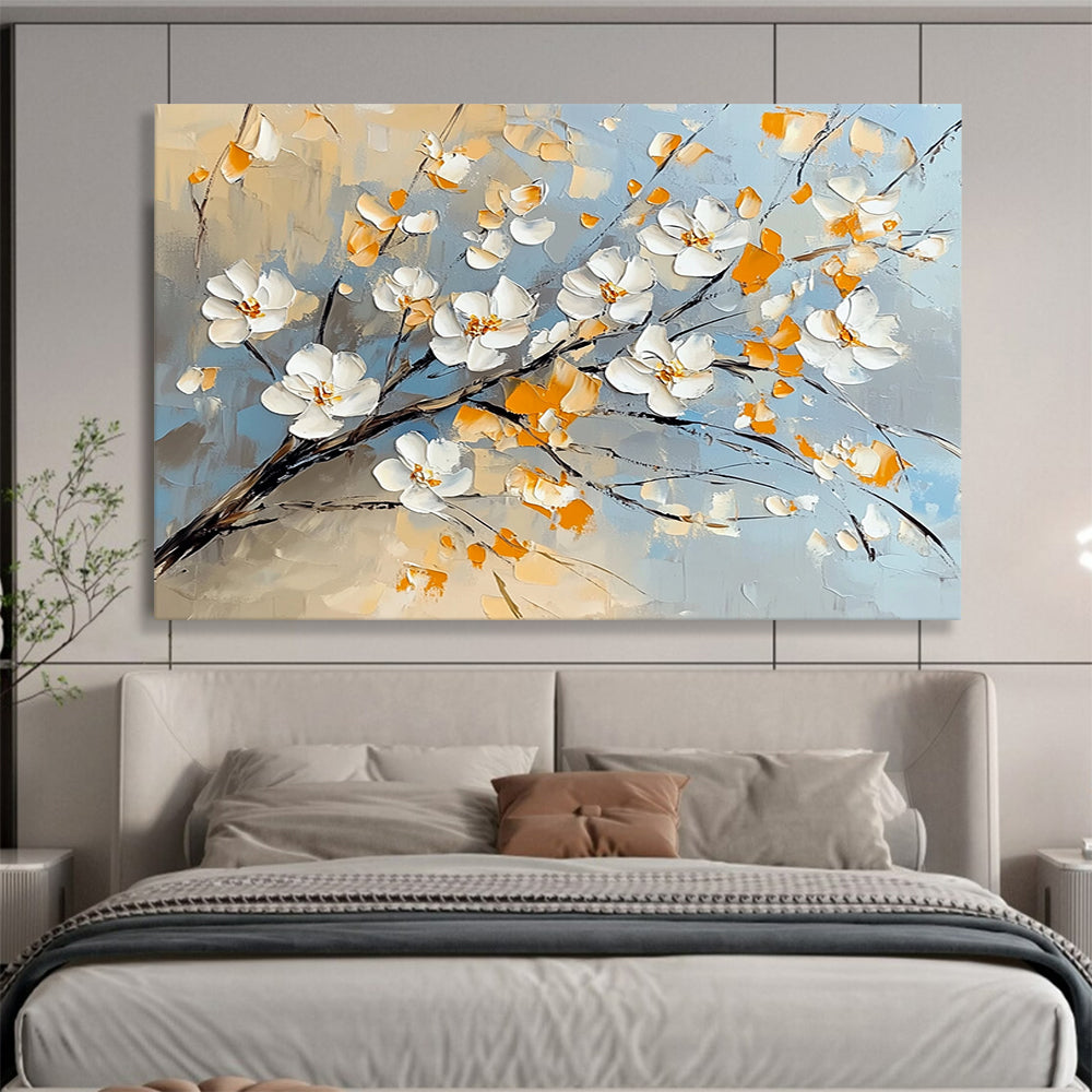 “Blossom Breeze” - White, Yellow, Blue, Floral Branches Painting On Canvas HB1036