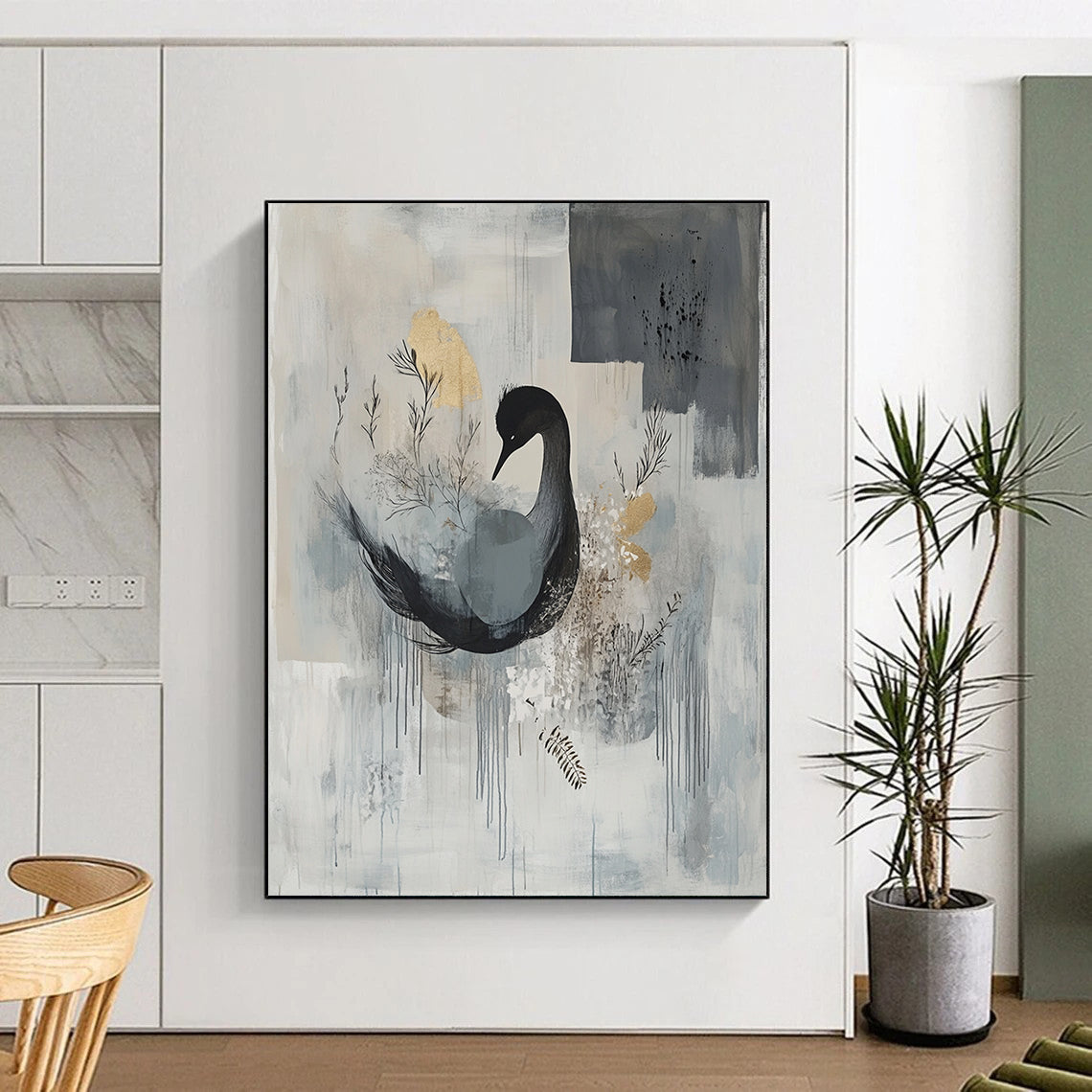 Gray, Blue & Gold with Black Swan - “Elegant Avian Serenity” Painting On Canvas HB207