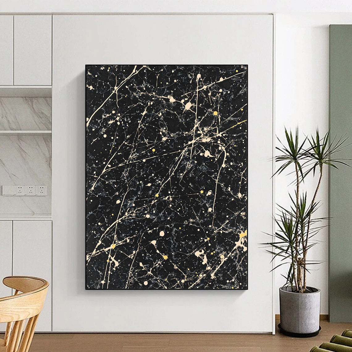 Black, White, Yellow, Marbled Patterns "Starry Night Marble" Abstract Modernist Painting On Canvas HB049