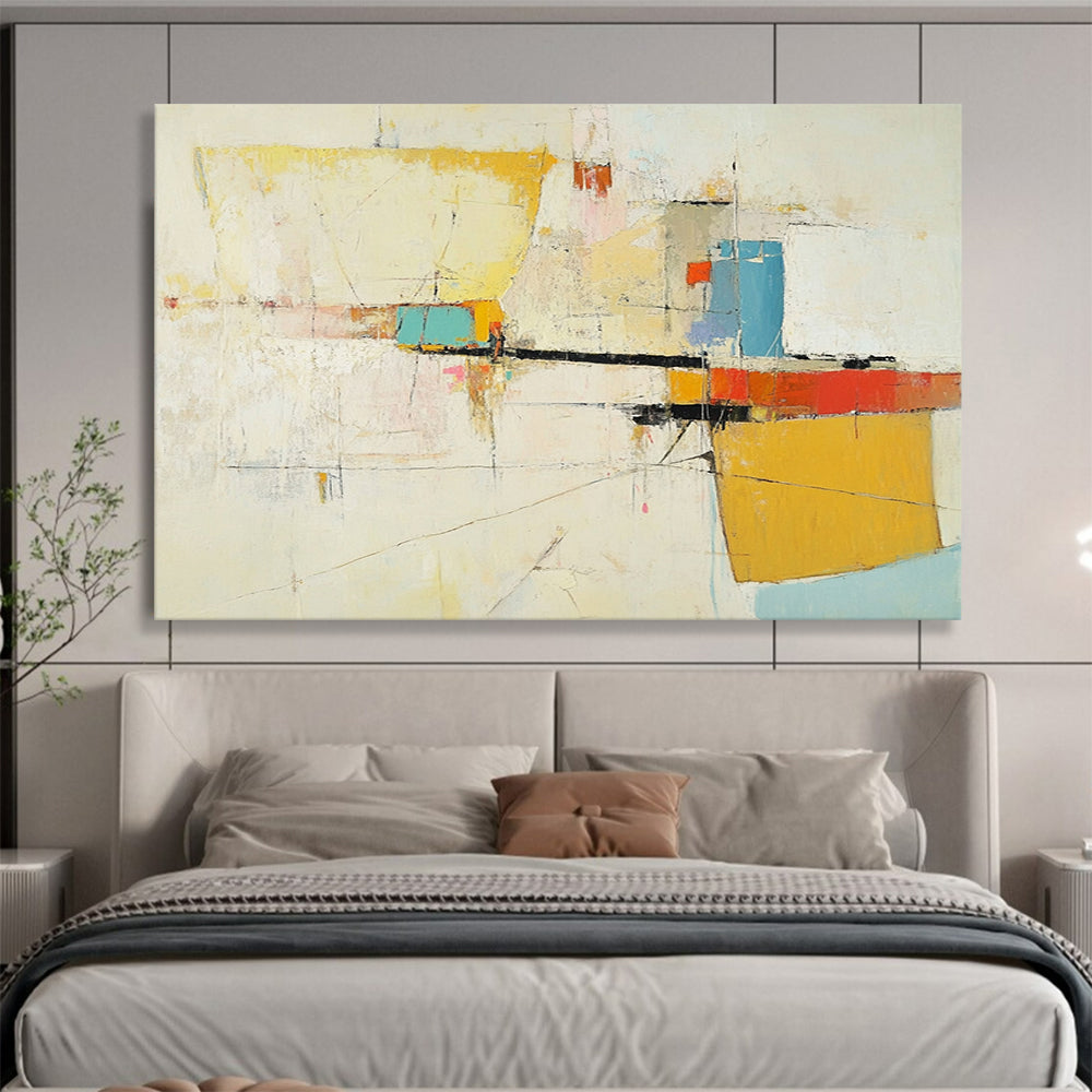 “Soft Color Abstract Composition” - Yellow, Blue, Red, Pink, Gray, White, Mixed Shapes - Painting On Canvas HB1440