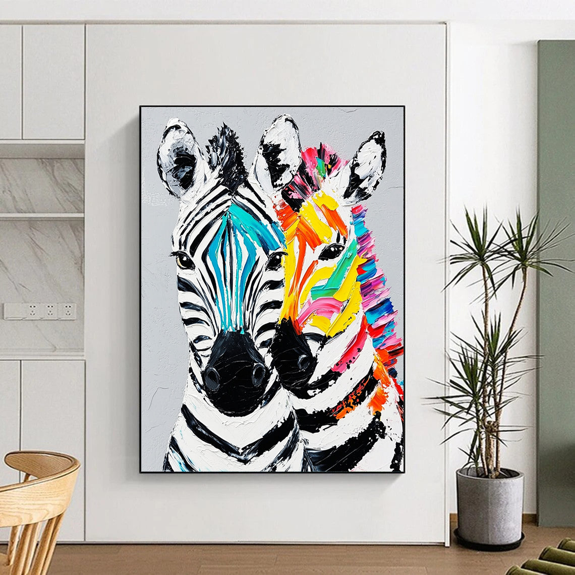 Contemporary hand-painted abstract artwork featuring two vibrant zebra heads with textured fur details against a gray background. DLZ1231