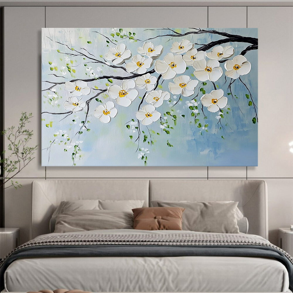“White Blossoms on Branches” - White, Yellow, Green, Blue, White Blossoms on Branches - Impasto Oil Painting HB1785