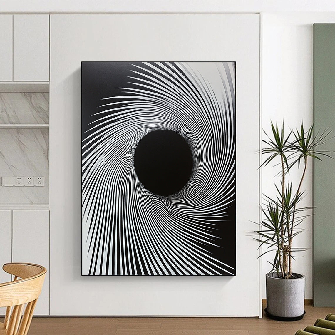 Black & White Radial Lines - “Hypnotic Tunnel Vision” Painting On Canvas HB183