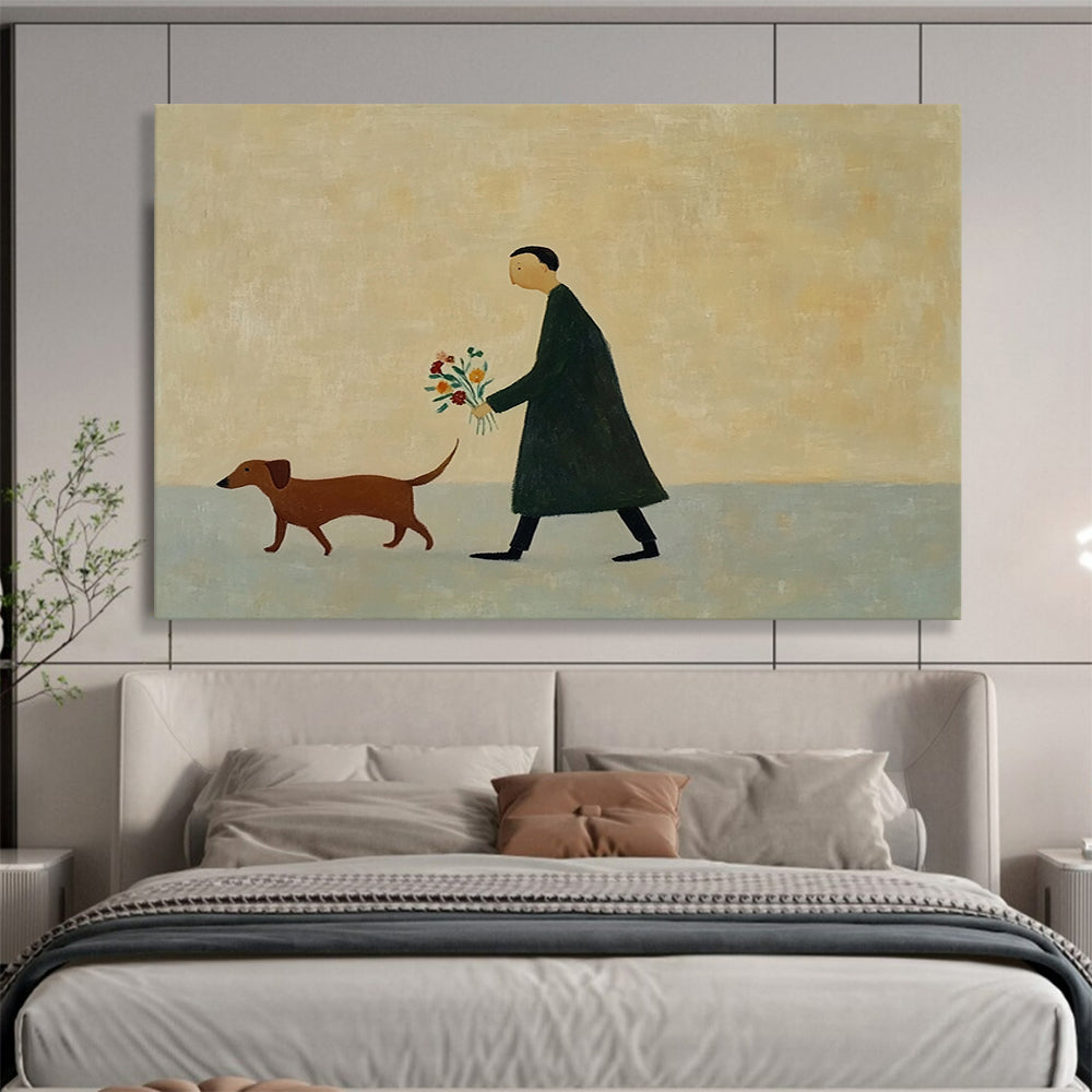“Man Walking Dog with Flowers” - Simple figures, muted colors, peaceful scene, Minimalist Narrative Painting On Canvas HB0603
