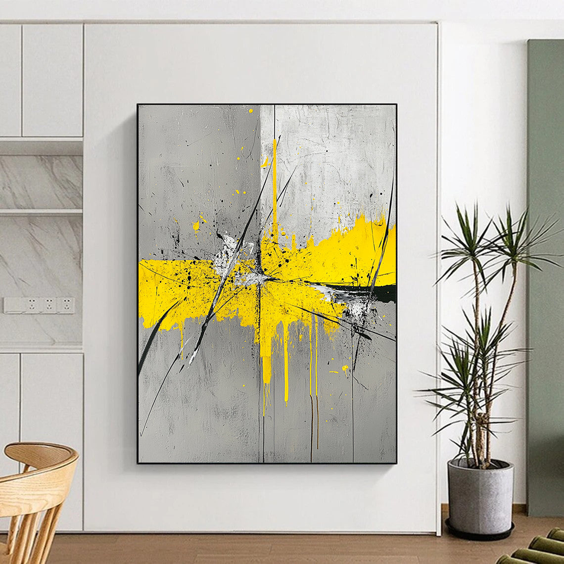 Gray, Yellow, Black, White, Splattered Cross "Dynamic Intersection" Abstract Expressionist Painting On Canvas HB058