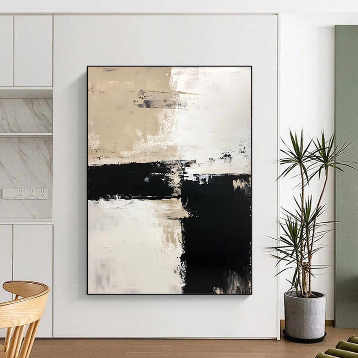 Contemporary hand-painted abstract art features a harmonious blend of white, beige, and black tones in acrylic paint for a modern aesthetic. DLZ0270