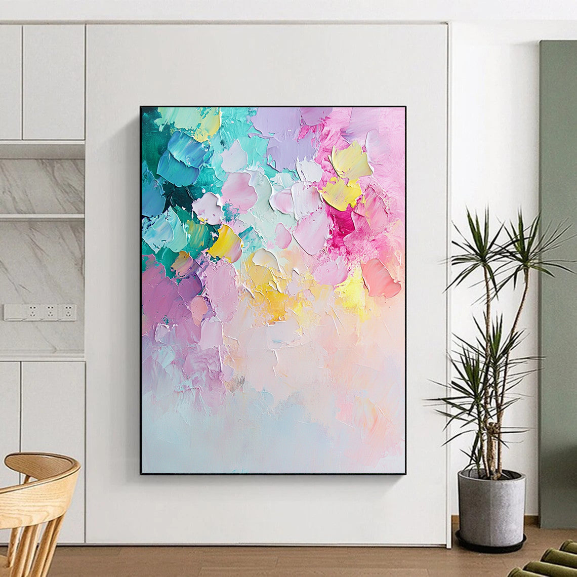 Contemporary hand-painted abstract art featuring pastel flowers in light pink and mint green with dynamic brush strokes and a textured palette knife finish. DLZ0761