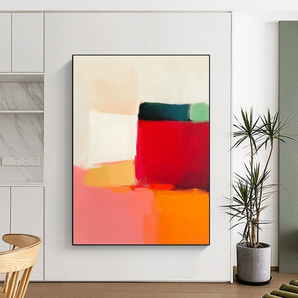 Contemporary hand-painted abstract artwork featuring vibrant reds pinks oranges yellows and whites creating a serene minimalist landscape with soft edges and subtle gradients. DLZ1361