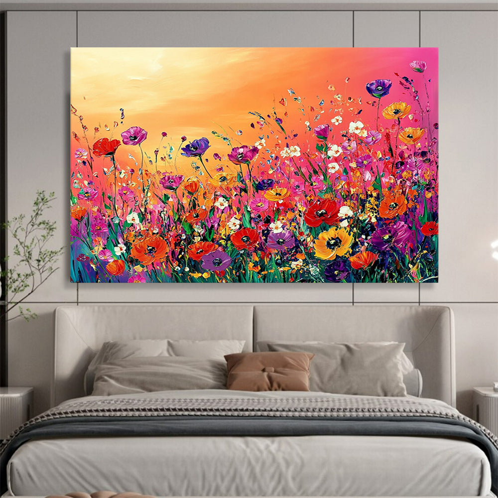 “Vibrant Flower Field” - Colorful, Flowers, Sunset Painting On Canvas HB0747