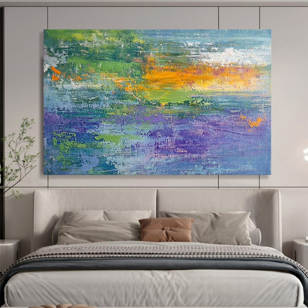“Vibrant Abstract Field” - Green, Blue, Purple, Orange, Textured Abstract Landscape Painting On Canvas HB1070
