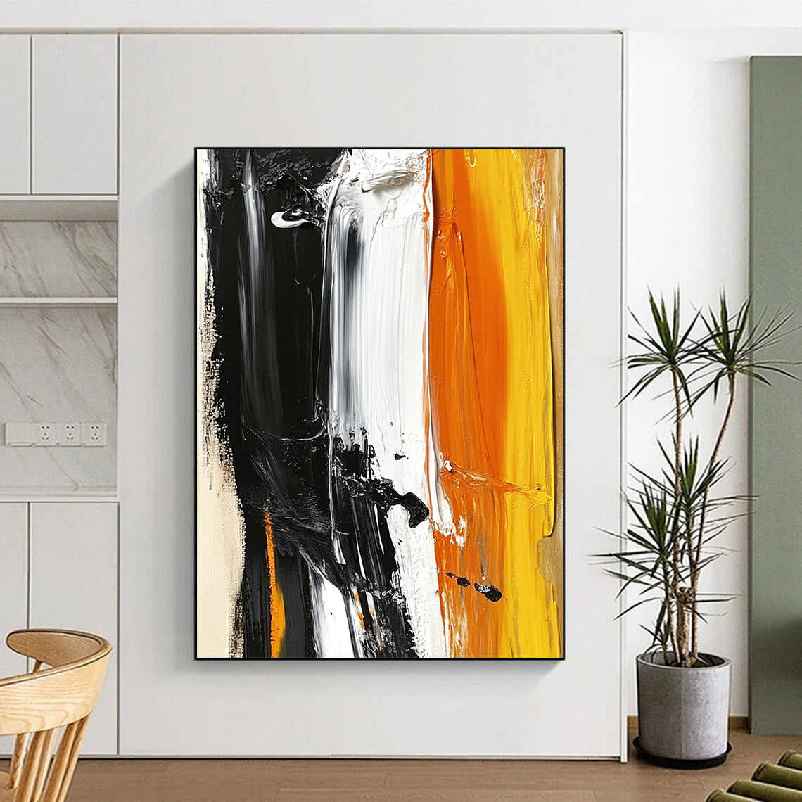 Large contemporary hand-painted abstract artwork featuring striking black white and orange with accents of light yellow on a beige background. DLZ0526