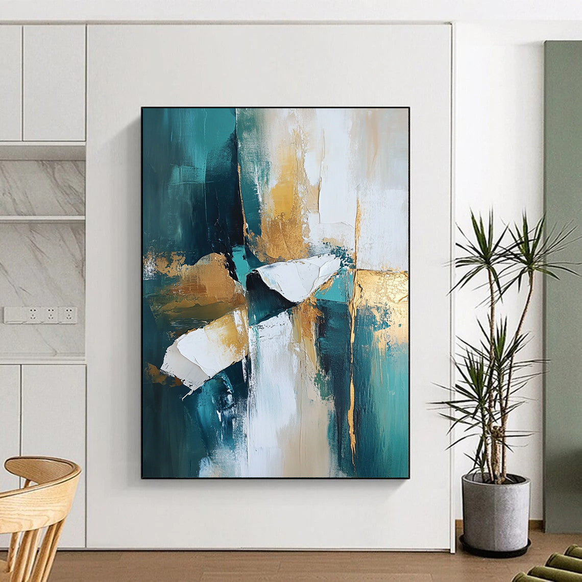 Contemporary abstract painting featuring teal and white tones with gold accents. High-resolution artwork with dramatic lighting and atmospheric quality for stunning visuals. DLZ0444