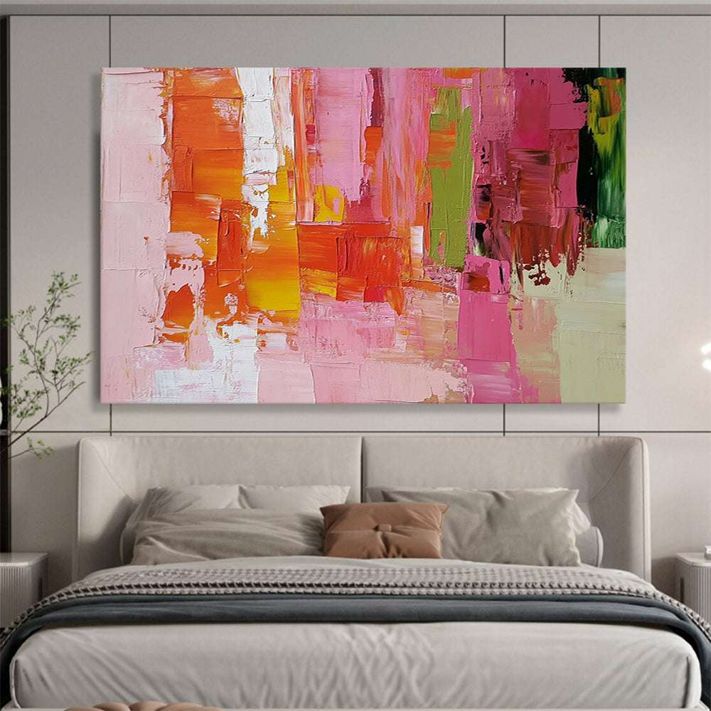 “Vibrant Urban Patchwork” - Pink, Orange, Yellow, Green, Abstract Cityscape - like Blocks Painting On Canvas HB1076