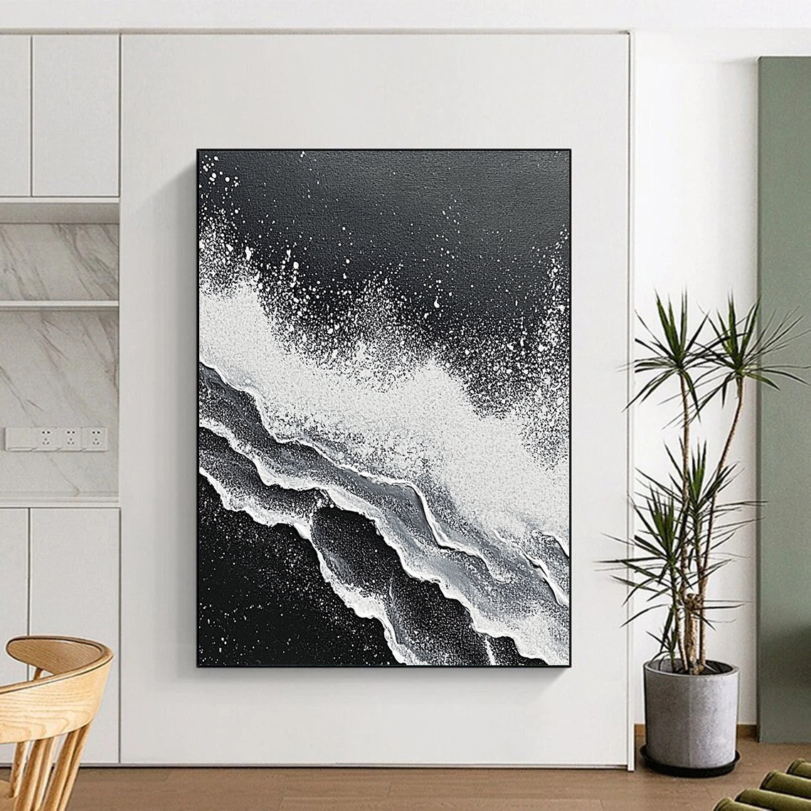 Contemporary hand-painted abstract art featuring intricate textures of ocean waves crashing in striking black and white tones. DLZ1139