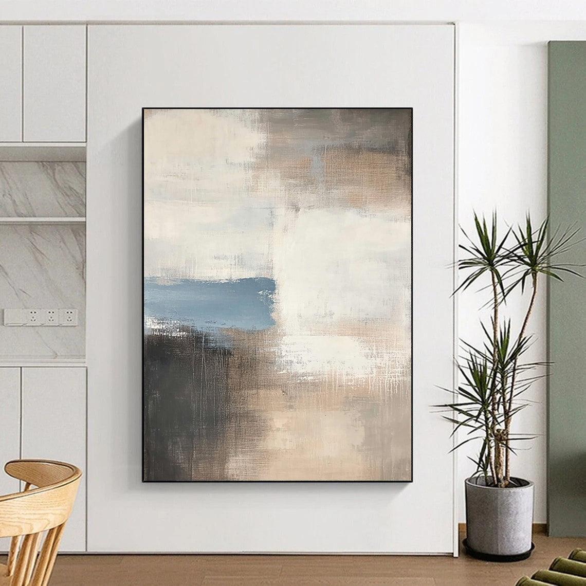Contemporary hand-painted abstract art featuring soft beige and gray tones accented with hints of blue, perfect for enhancing any modern space. DLZ1057
