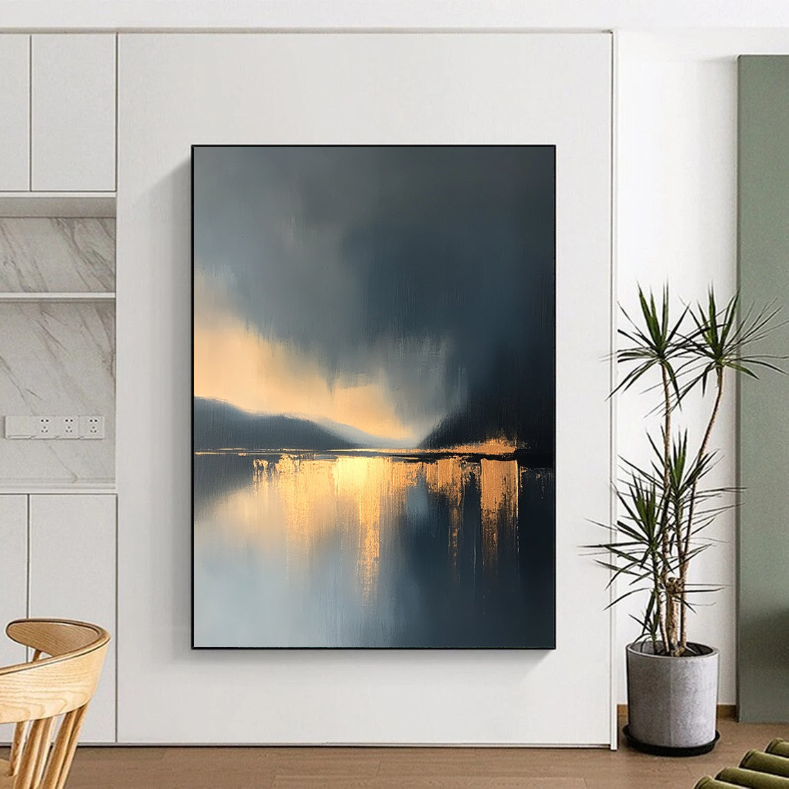 Large contemporary abstract painting features a lake and sky with golden light reflections and atmospheric clouds in minimalist modern art style. DLZ0470