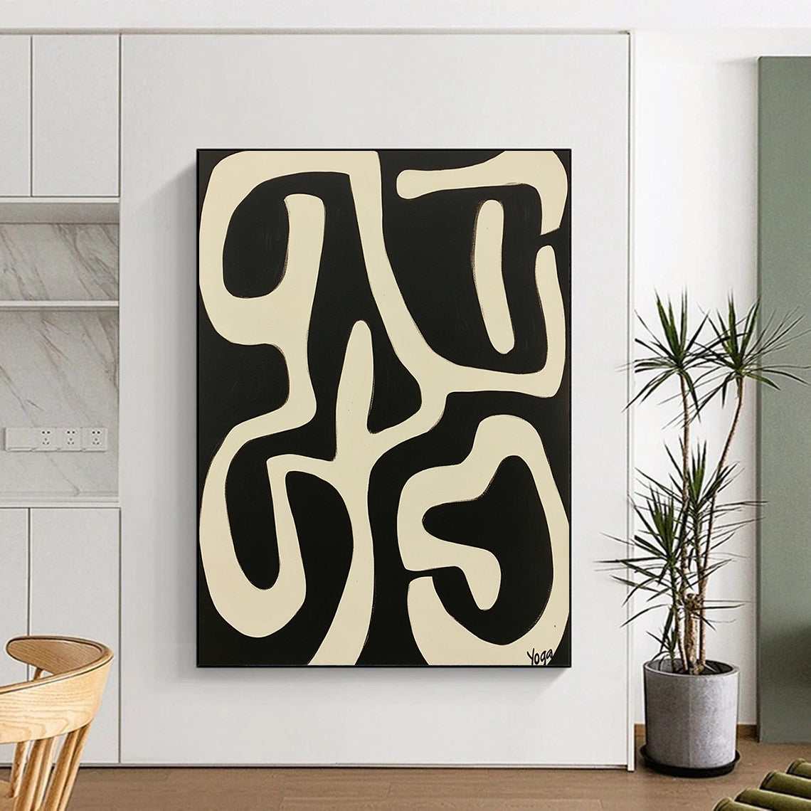 Vibrant contemporary abstract art featuring "Yoga" in bold white against a striking black background inspired by Peter Max and Victor Vasarely. DLZ1710