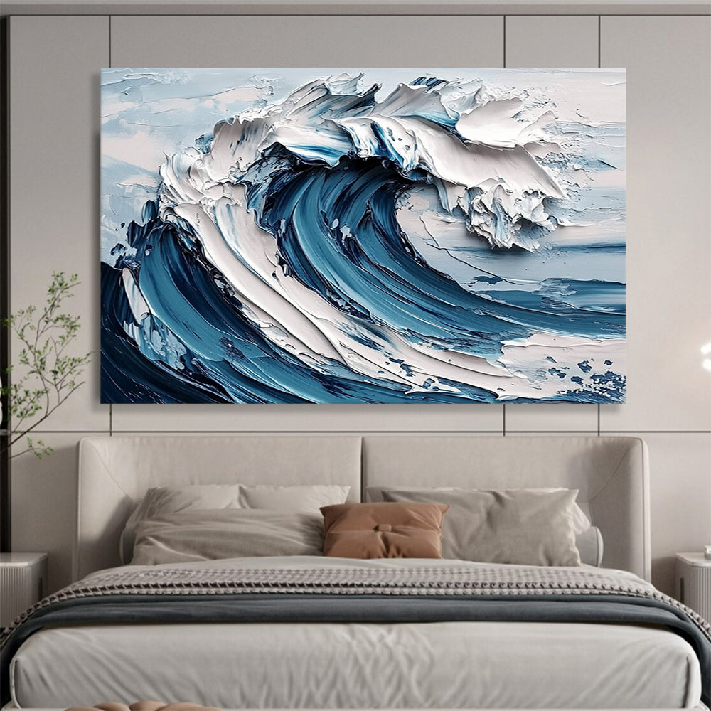 “3D Ocean Wave” - Blue, White, Textured Wave, Hyper - Realistic Palette Knife Painting On Canvas HB1102