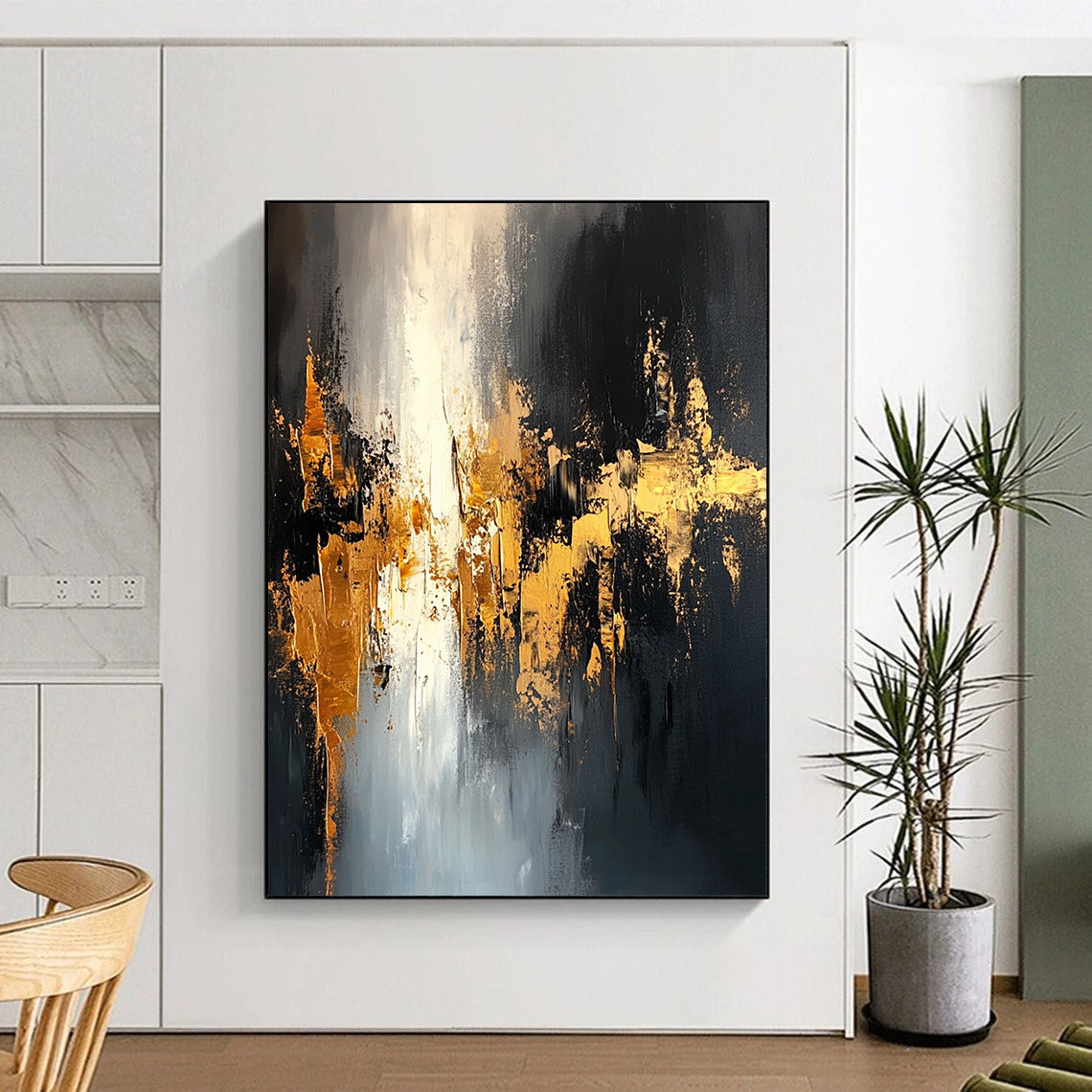 Contemporary hand-painted abstract art featuring black and gold tones with dynamic brushstrokes creating a mysterious urban landscape and intricate depth. DLZ0699