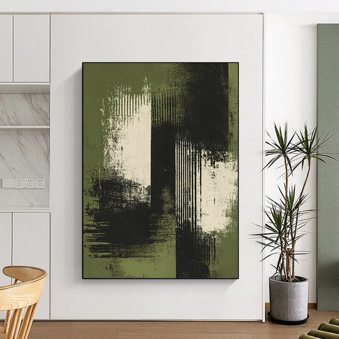 Contemporary hand-painted abstract artwork featuring green and white brush strokes with distressed edges on a dark background and soft tones. DLZ1267