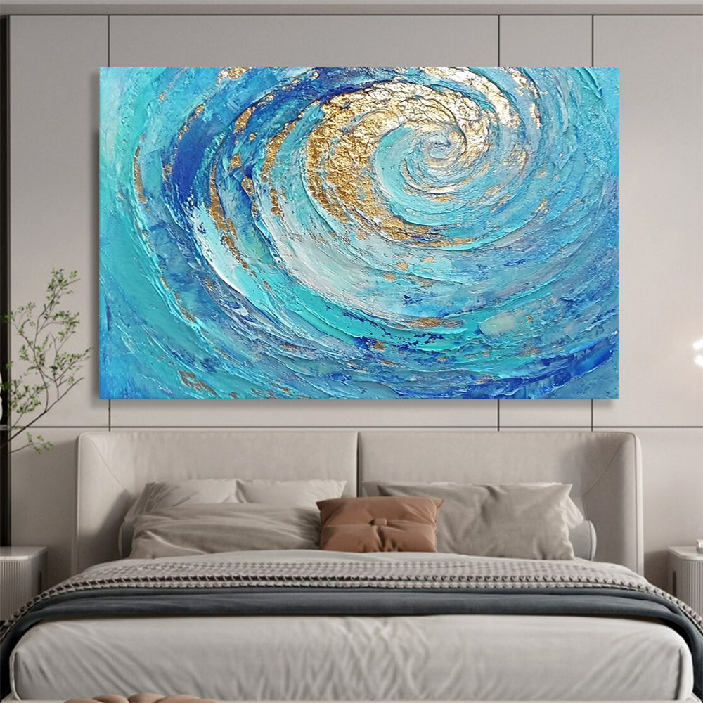 “Golden - Blue Spiral Flow” - Blue, Gold, Spiral Waves Painting On Canvas HB0726