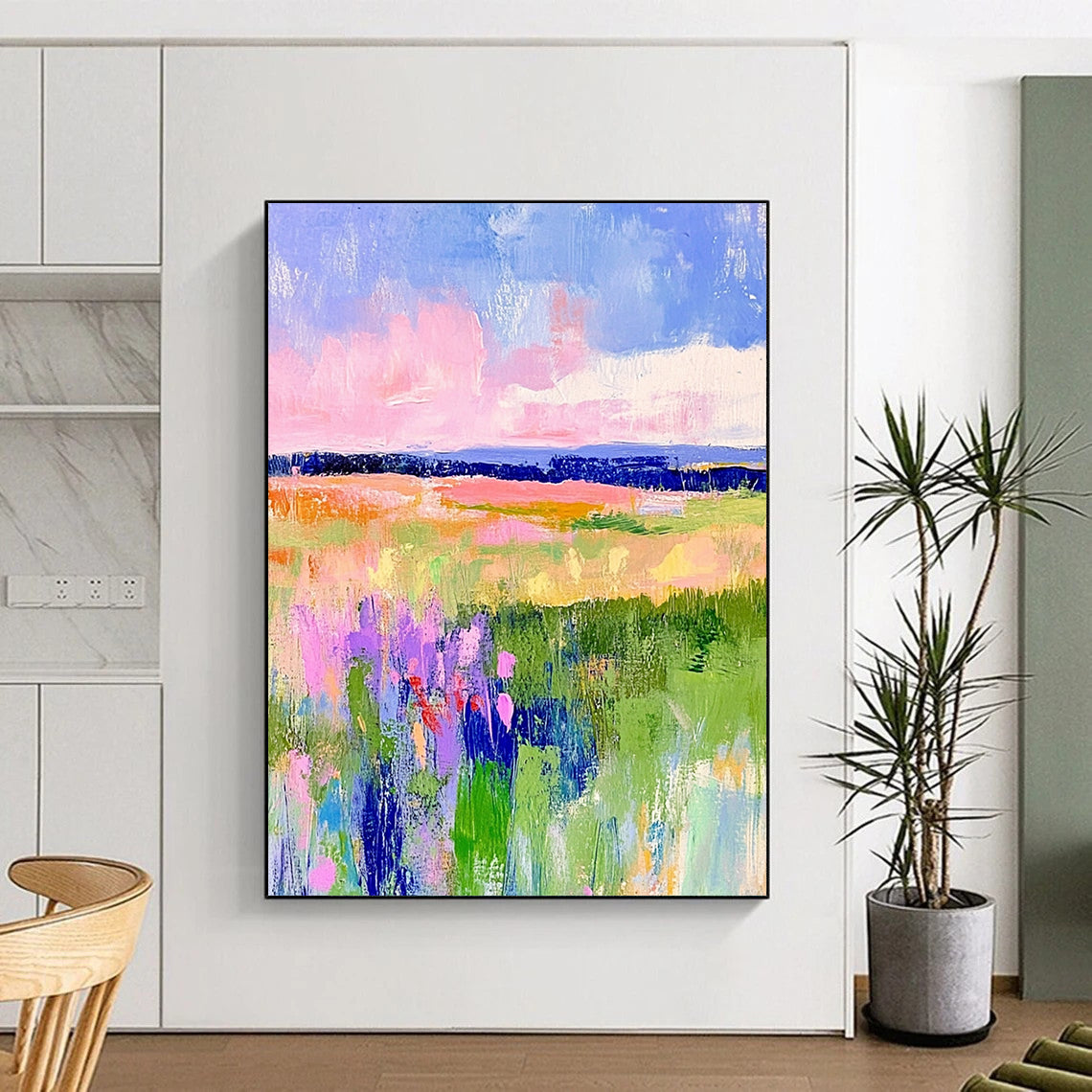 Vibrant contemporary hand-painted abstract artwork featuring pastel fields of green and pink with dreamy skies in blue and purple tones. DLZ1284