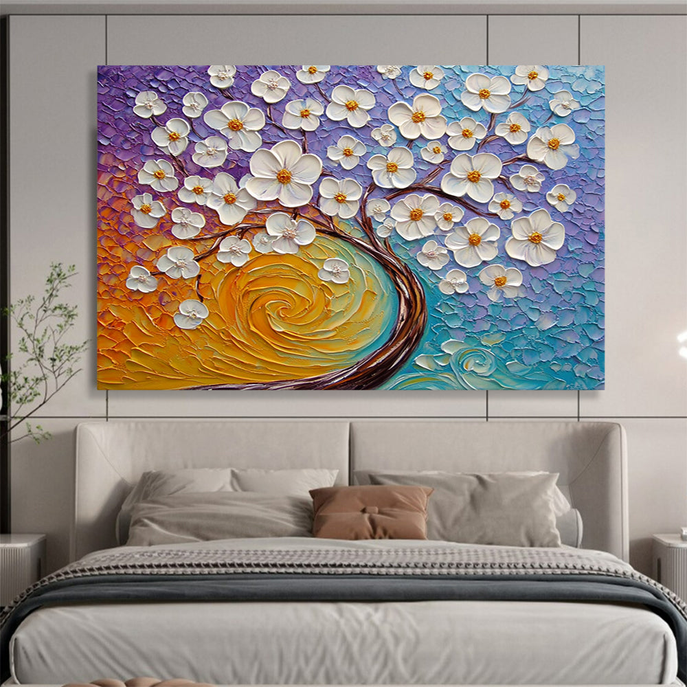 “3D White Flowers on Colorful Textured Background” - Purple, Blue, Orange, White 3D Flowers - Textured Acrylic Painting HB1636