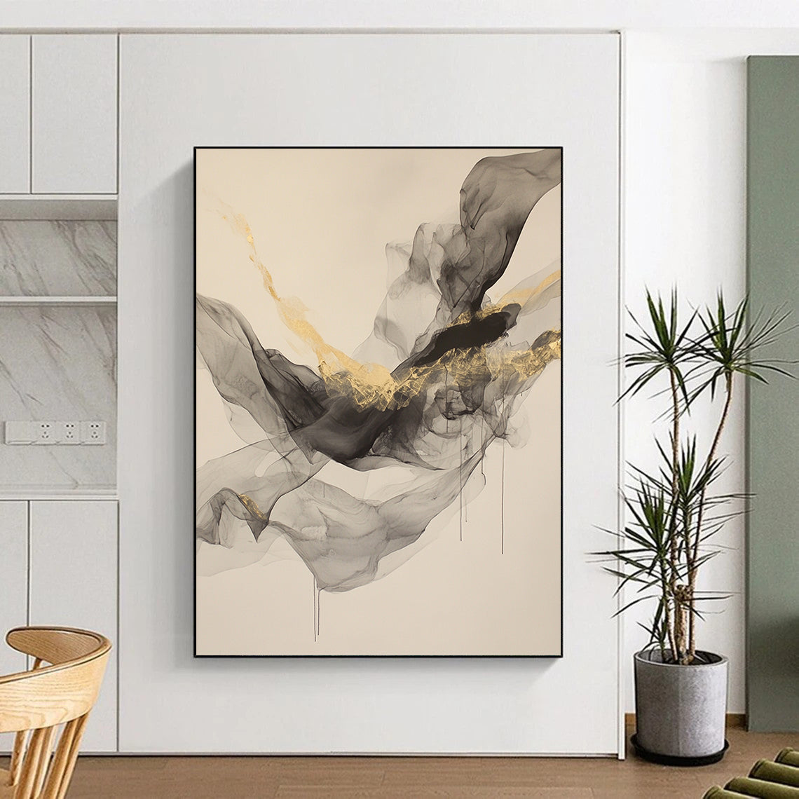 Beige, Gray, Gold, Flowing Shapes "Smoky Splendor" Abstract Painting On Canvas HB035