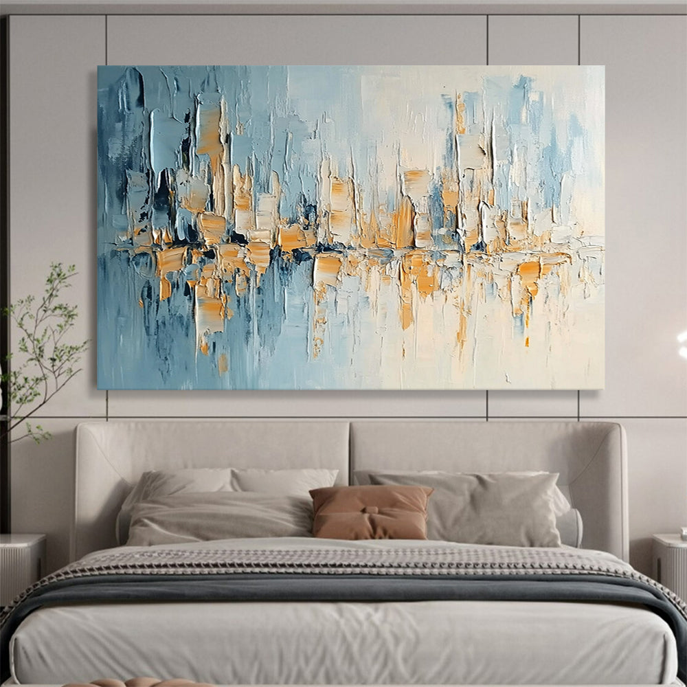 “Textured City Skyline” - Blue, Beige, White, Textured City Skyline Painting On Canvas HB0988