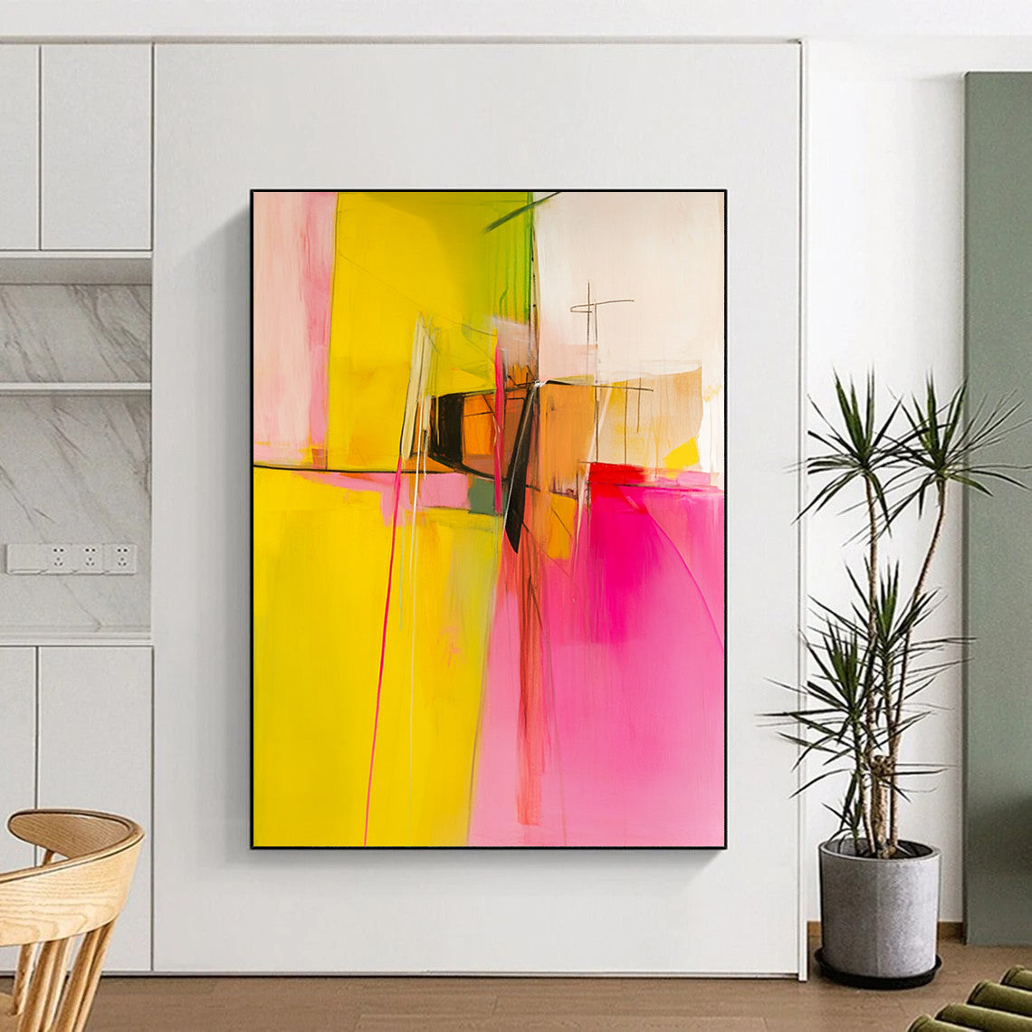 Contemporary abstract painting featuring pink and yellow hues, geometric shapes, and white space, evoking emotions through bold brushstrokes and soft curves. DLZ0719